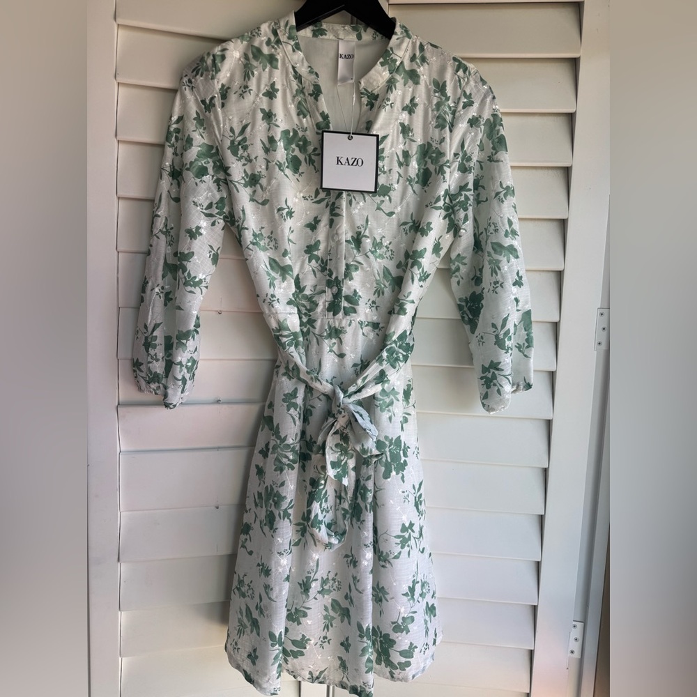 Green and White Wrap Sundress with 3/4 Sleeves